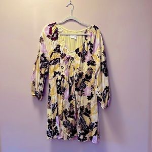 Anthropologie Sz Lg Fun 100% Cotton Lined Maroon, Yellow and Purple Floral Dress